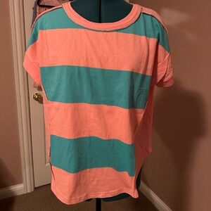 Umgee Short Sleeve Tee - Coral and Teal Stripes